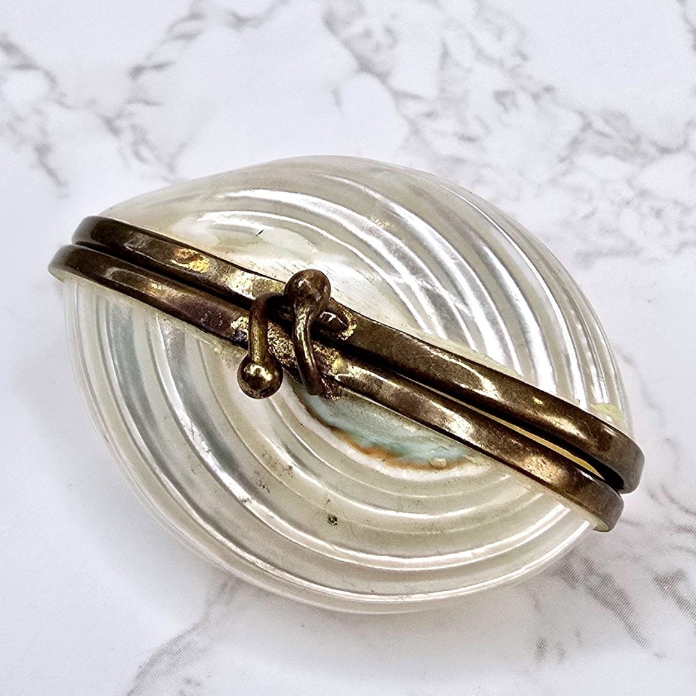 Vintage Mother of Pearl Seashell Trinket Box Brass Clasp Iridescent Pill Case - Picture 1 of 11